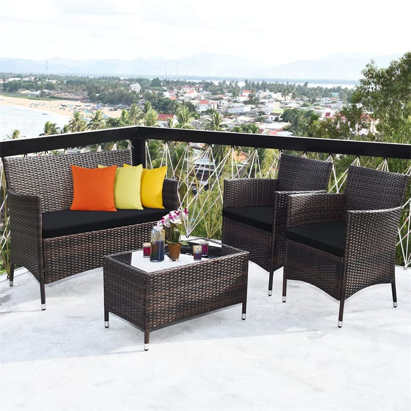 4 Piece Wicker Patio Conversation Set with Tempered Glass Coffee Table, Loveseat & Cushions, Outdoor Rattan Sofa Set for Backyard Lawn