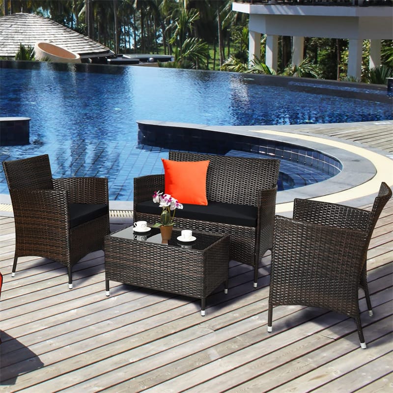 4 Piece Wicker Patio Conversation Set with Tempered Glass Coffee Table, Loveseat & Cushions, Outdoor Rattan Sofa Set for Backyard Lawn