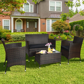 4 Piece Wicker Patio Conversation Set with Tempered Glass Coffee Table, Loveseat & Cushions, Outdoor Rattan Sofa Set for Backyard Lawn