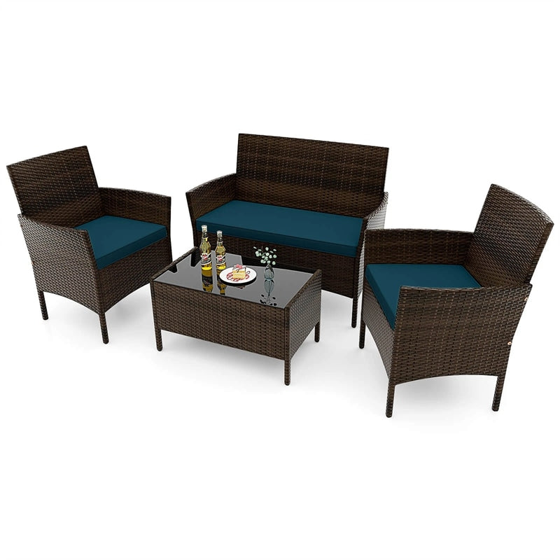 4 Piece Wicker Patio Conversation Set with Tempered Glass Coffee Table, Loveseat & Cushions, Outdoor Rattan Sofa Set for Backyard Lawn