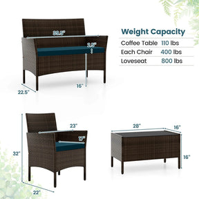 4 Piece Wicker Patio Conversation Set with Tempered Glass Coffee Table, Loveseat & Cushions, Outdoor Rattan Sofa Set for Backyard Lawn