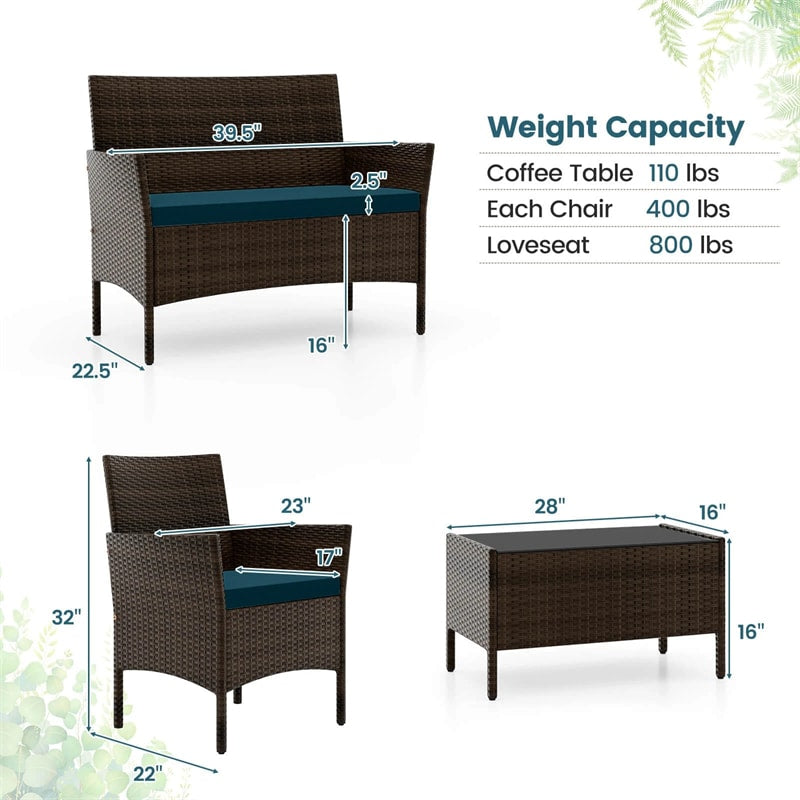 4 Piece Wicker Patio Conversation Set with Tempered Glass Coffee Table, Loveseat & Cushions, Outdoor Rattan Sofa Set for Backyard Lawn