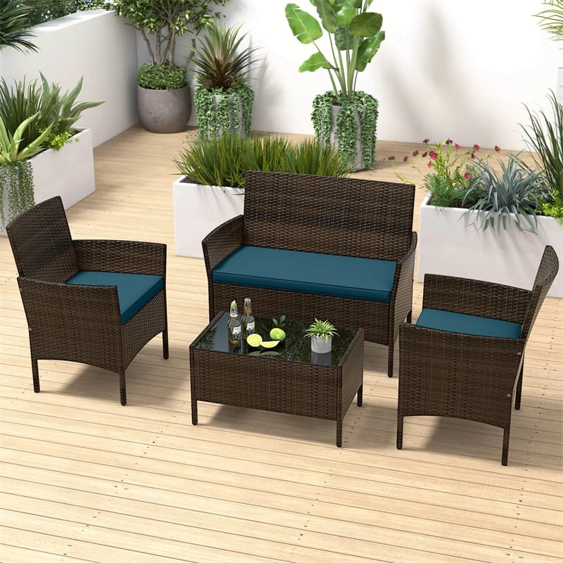4 Piece Wicker Patio Conversation Set with Tempered Glass Coffee Table, Loveseat & Cushions, Outdoor Rattan Sofa Set for Backyard Lawn
