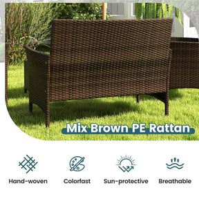 4 Piece Wicker Patio Conversation Set with Tempered Glass Coffee Table, Loveseat & Cushions, Outdoor Rattan Sofa Set for Backyard Lawn