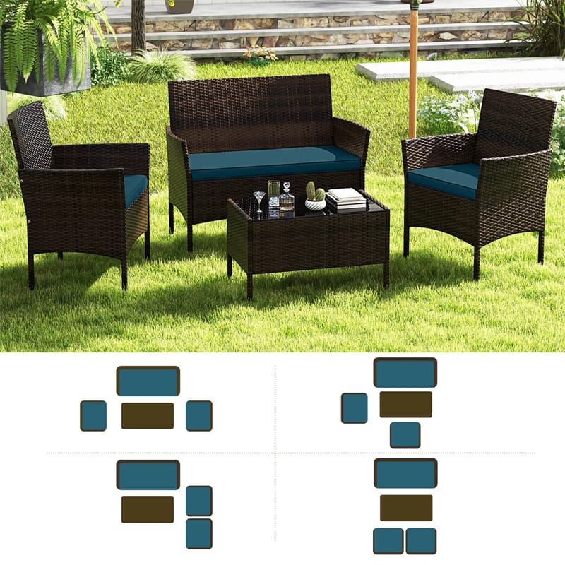4 Piece Wicker Patio Conversation Set with Tempered Glass Coffee Table, Loveseat & Cushions, Outdoor Rattan Sofa Set for Backyard Lawn