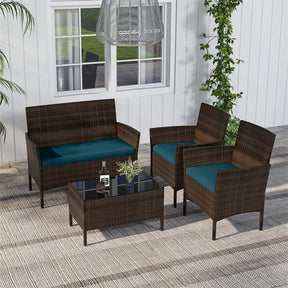 4 Piece Wicker Patio Conversation Set with Tempered Glass Coffee Table, Loveseat & Cushions, Outdoor Rattan Sofa Set for Backyard Lawn