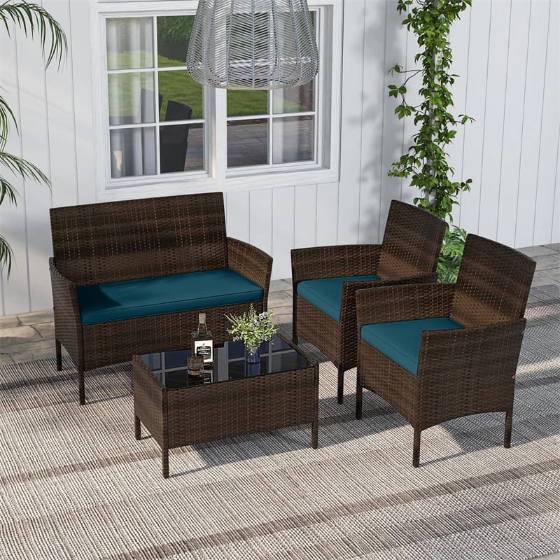 4 Piece Wicker Patio Conversation Set with Tempered Glass Coffee Table, Loveseat & Cushions, Outdoor Rattan Sofa Set for Backyard Lawn