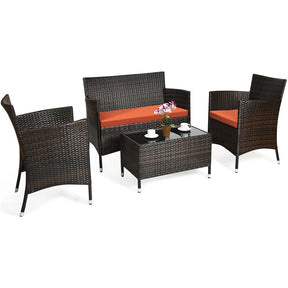 4 Piece Wicker Patio Conversation Set with Tempered Glass Coffee Table, Loveseat & Cushions, Outdoor Rattan Sofa Set for Backyard Lawn