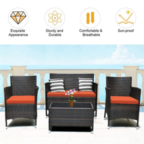 4 Piece Wicker Patio Conversation Set with Tempered Glass Coffee Table, Loveseat & Cushions, Outdoor Rattan Sofa Set for Backyard Lawn