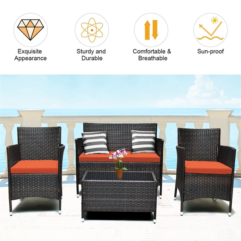 4 Piece Wicker Patio Conversation Set with Tempered Glass Coffee Table, Loveseat & Cushions, Outdoor Rattan Sofa Set for Backyard Lawn