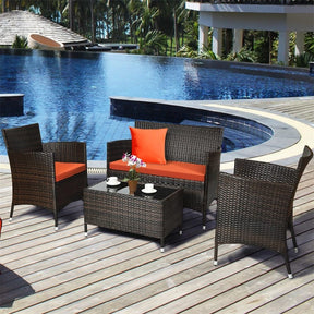 4 Piece Wicker Patio Conversation Set with Tempered Glass Coffee Table, Loveseat & Cushions, Outdoor Rattan Sofa Set for Backyard Lawn