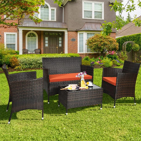 4 Piece Wicker Patio Conversation Set with Tempered Glass Coffee Table, Loveseat & Cushions, Outdoor Rattan Sofa Set for Backyard Lawn