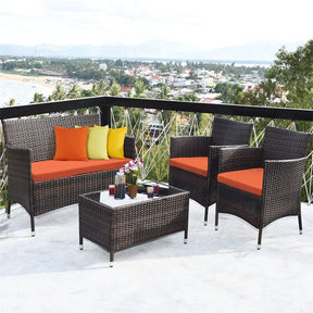 4 Piece Wicker Patio Conversation Set with Tempered Glass Coffee Table, Loveseat & Cushions, Outdoor Rattan Sofa Set for Backyard Lawn