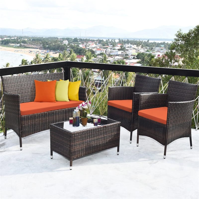 4 Piece Wicker Patio Conversation Set with Tempered Glass Coffee Table, Loveseat & Cushions, Outdoor Rattan Sofa Set for Backyard Lawn