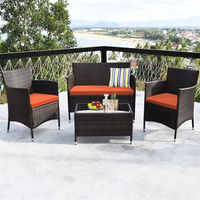 4 Piece Wicker Patio Conversation Set with Tempered Glass Coffee Table, Loveseat & Cushions, Outdoor Rattan Sofa Set for Backyard Lawn