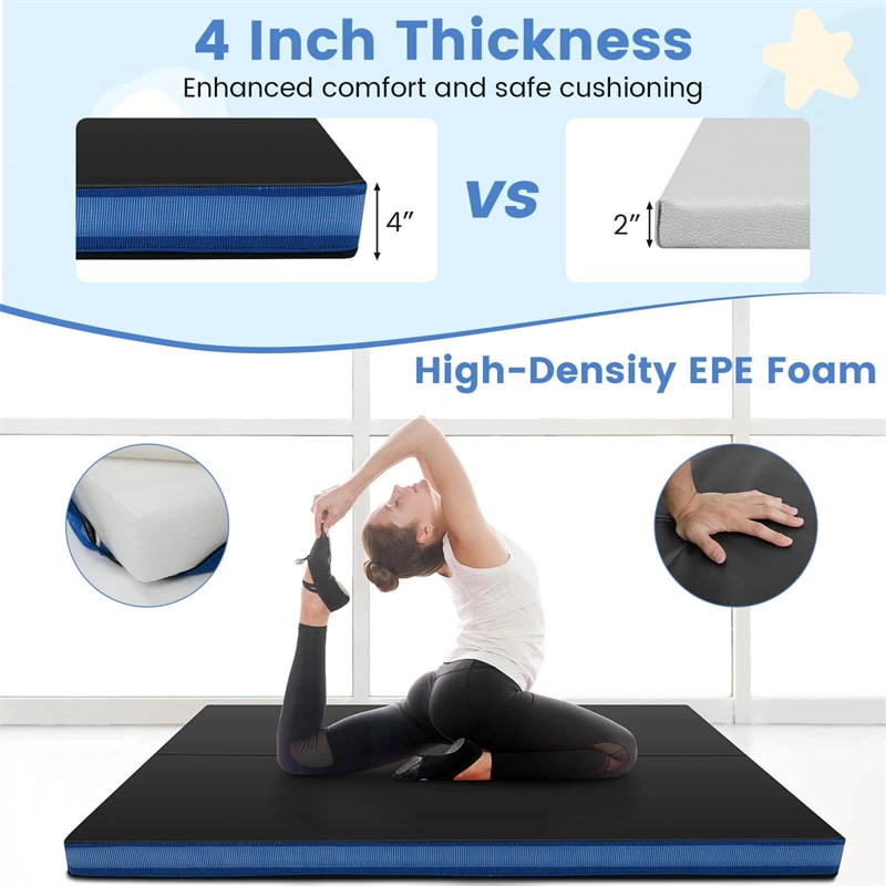 4" Thick Folding Gymnastic Mat, 4' x 4' Home Gym Bio-Fold Exercise Tumbling Mat with Carry Handles, PU Leather Cover for Aerobics Workout Yoga