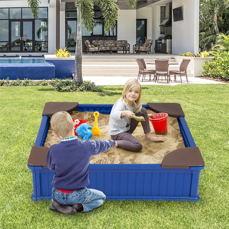 4 x 4 FT Large HDPE Kids Sandbox with Oxford Cover, 4 Corner Seats & Bottom Liner, All Weather Resistant Outdoor Sand Pit