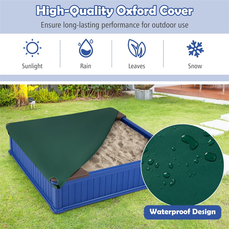 4 x 4 FT Large HDPE Kids Sandbox with Oxford Cover, 4 Corner Seats & Bottom Liner, All Weather Resistant Outdoor Sand Pit