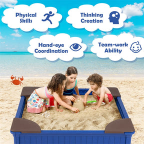 4 x 4 FT Large HDPE Kids Sandbox with Oxford Cover, 4 Corner Seats & Bottom Liner, All Weather Resistant Outdoor Sand Pit
