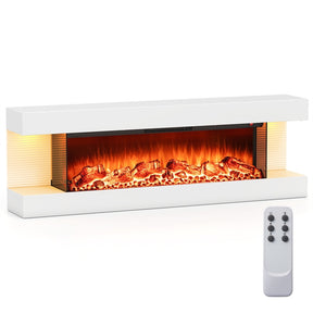 32"/50" Floating Fireplace Mantel with 18" 3-Sided Electric Fireplace, 1500W Wall Mount Heater with 12-Color Flame/LED Lights, Remote & Timer