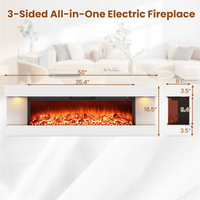 32"/50" Floating Fireplace Mantel with 18" 3-Sided Electric Fireplace, 1500W Wall Mount Heater with 12-Color Flame/LED Lights, Remote & Timer