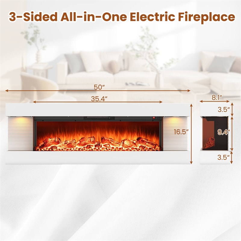 32"/50" Floating Fireplace Mantel with 18" 3-Sided Electric Fireplace, 1500W Wall Mount Heater with 12-Color Flame/LED Lights, Remote & Timer