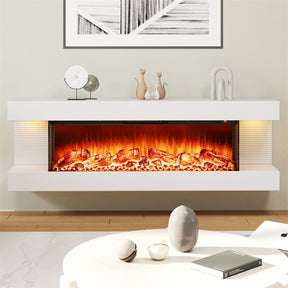 32"/50" Floating Fireplace Mantel with 18" 3-Sided Electric Fireplace, 1500W Wall Mount Heater with 12-Color Flame/LED Lights, Remote & Timer