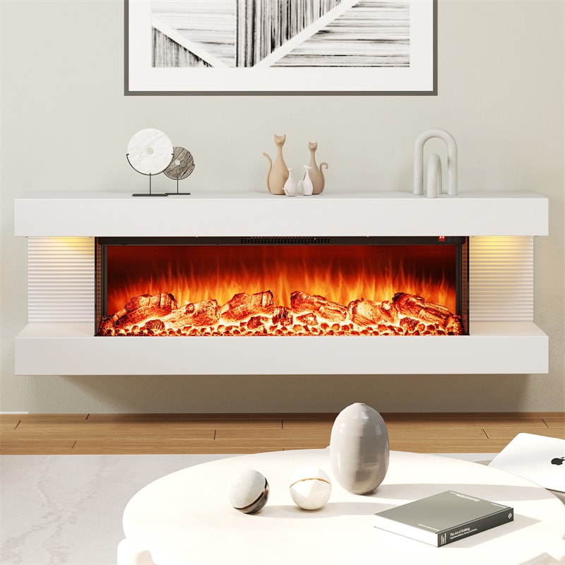 32"/50" Floating Fireplace Mantel with 18" 3-Sided Electric Fireplace, 1500W Wall Mount Heater with 12-Color Flame/LED Lights, Remote & Timer