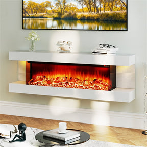 32"/50" Floating Fireplace Mantel with 18" 3-Sided Electric Fireplace, 1500W Wall Mount Heater with 12-Color Flame/LED Lights, Remote & Timer