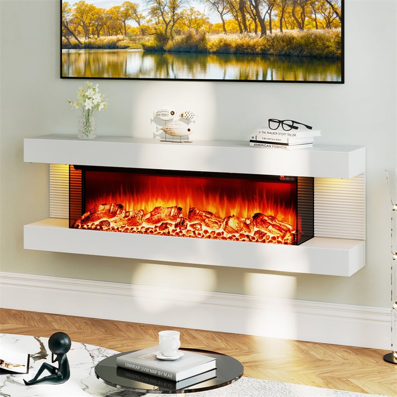 32"/50" Floating Fireplace Mantel with 18" 3-Sided Electric Fireplace, 1500W Wall Mount Heater with 12-Color Flame/LED Lights, Remote & Timer