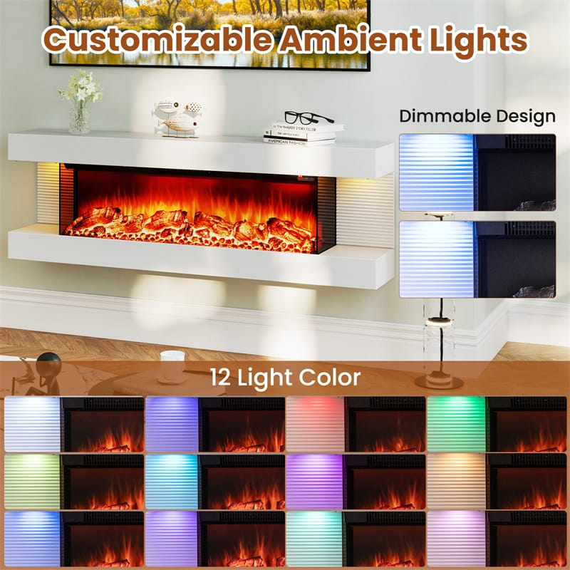 32"/50" Floating Fireplace Mantel with 18" 3-Sided Electric Fireplace, 1500W Wall Mount Heater with 12-Color Flame/LED Lights, Remote & Timer