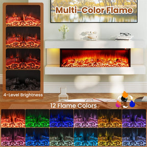 32"/50" Floating Fireplace Mantel with 18" 3-Sided Electric Fireplace, 1500W Wall Mount Heater with 12-Color Flame/LED Lights, Remote & Timer