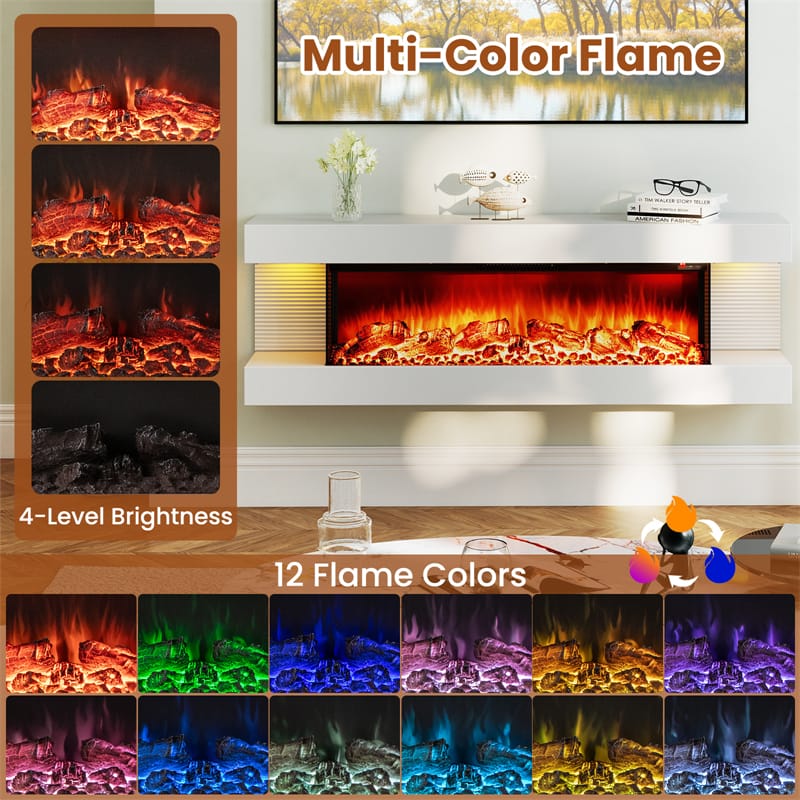 32"/50" Floating Fireplace Mantel with 18" 3-Sided Electric Fireplace, 1500W Wall Mount Heater with 12-Color Flame/LED Lights, Remote & Timer