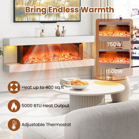 32"/50" Floating Fireplace Mantel with 18" 3-Sided Electric Fireplace, 1500W Wall Mount Heater with 12-Color Flame/LED Lights, Remote & Timer
