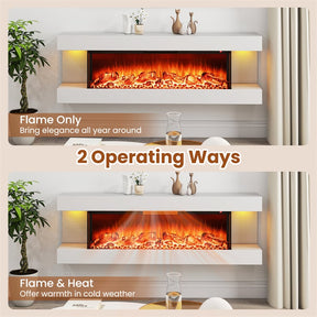 32"/50" Floating Fireplace Mantel with 18" 3-Sided Electric Fireplace, 1500W Wall Mount Heater with 12-Color Flame/LED Lights, Remote & Timer