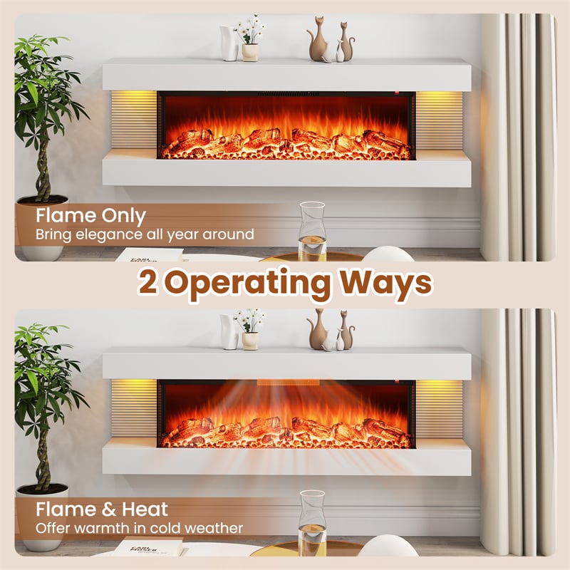 32"/50" Floating Fireplace Mantel with 18" 3-Sided Electric Fireplace, 1500W Wall Mount Heater with 12-Color Flame/LED Lights, Remote & Timer