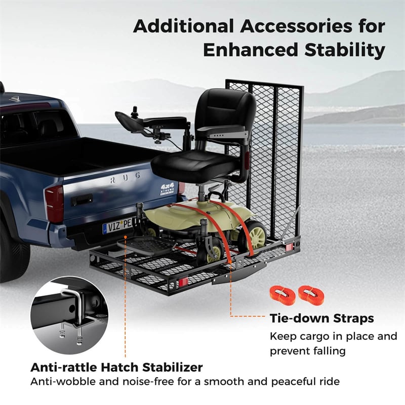 500 LBS Hitch Mount Mobility Scooter Carrier, Heavy-Duty Wheelchair Cargo Rack with Foldable Ramp, Stabilizer & Tie Down Straps, Fits 2" Receiver