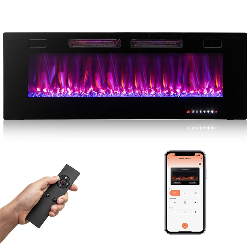42/50/60/72 Inch Ultra-Thin Smart Electric Fireplace Insert, Wall Mount & Recessed Heater with 12 Flame Colors & Decorative Crystals