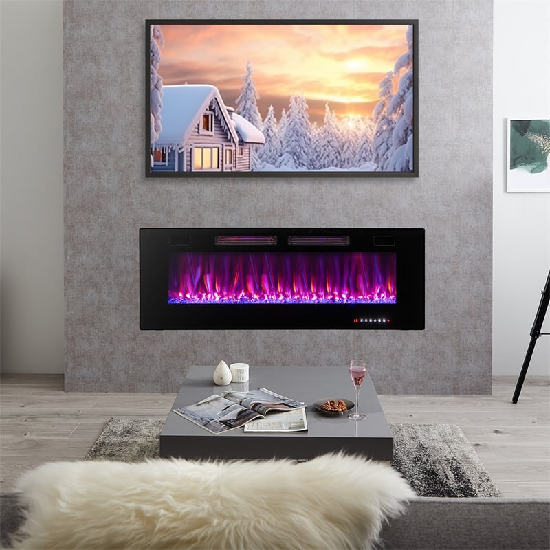 42/50/60/72 Inch Ultra-Thin Smart Electric Fireplace Insert, Wall Mount & Recessed Heater with 12 Flame Colors & Decorative Crystals
