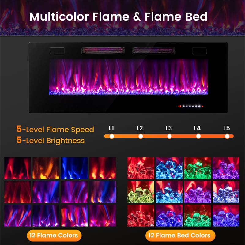 42/50/60/72 Inch Ultra-Thin Smart Electric Fireplace Insert, Wall Mount & Recessed Heater with 12 Flame Colors & Decorative Crystals