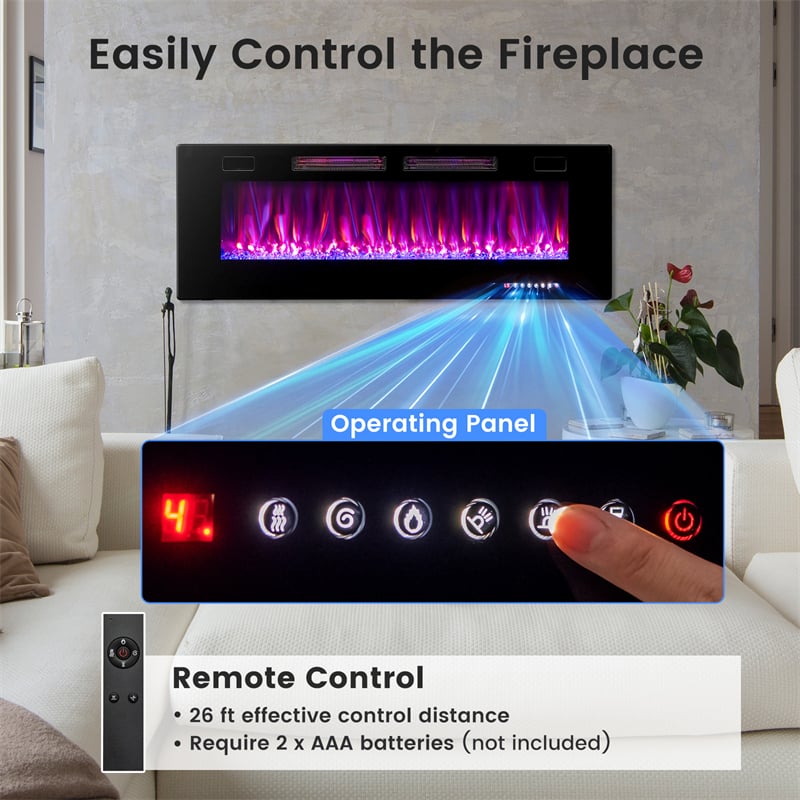 42/50/60/72 Inch Ultra-Thin Smart Electric Fireplace Insert, Wall Mount & Recessed Heater with 12 Flame Colors & Decorative Crystals