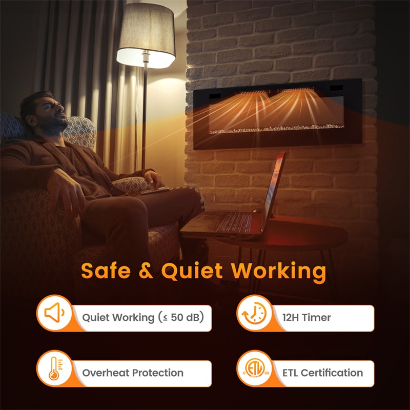 42/50/60/72 Inch Ultra-Thin Smart Electric Fireplace Insert, Wall Mount & Recessed Heater with 12 Flame Colors & Decorative Crystals