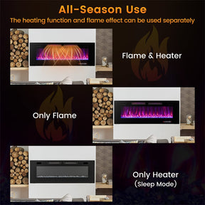 42/50/60/72 Inch Ultra-Thin Smart Electric Fireplace Insert, Wall Mount & Recessed Heater with 12 Flame Colors & Decorative Crystals