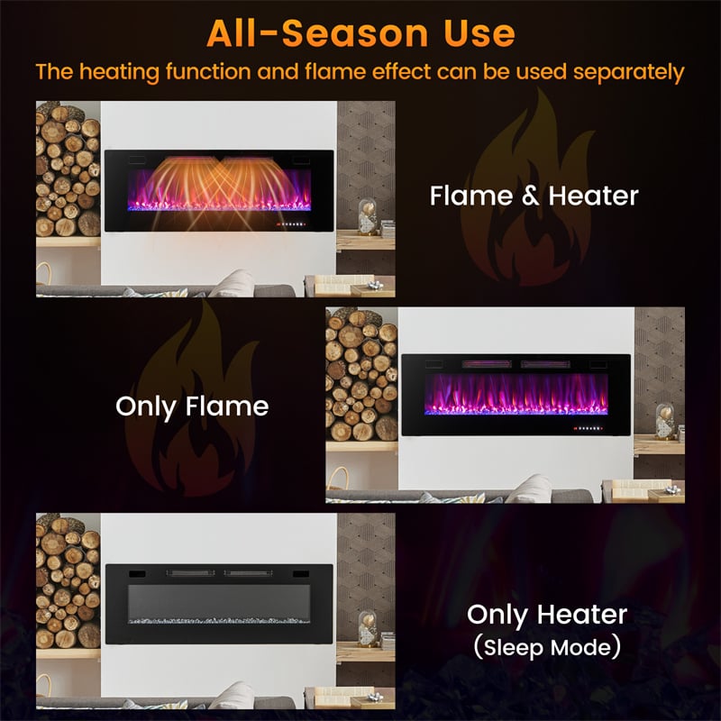 42/50/60/72 Inch Ultra-Thin Smart Electric Fireplace Insert, Wall Mount & Recessed Heater with 12 Flame Colors & Decorative Crystals