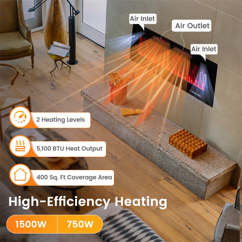 42/50/60/72 Inch Ultra-Thin Smart Electric Fireplace Insert, Wall Mount & Recessed Heater with 12 Flame Colors & Decorative Crystals