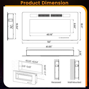42/50/60/72 Inch Ultra-Thin Smart Electric Fireplace Insert, Wall Mount & Recessed Heater with 12 Flame Colors & Decorative Crystals