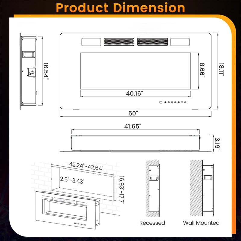 42/50/60/72 Inch Ultra-Thin Smart Electric Fireplace Insert, Wall Mount & Recessed Heater with 12 Flame Colors & Decorative Crystals