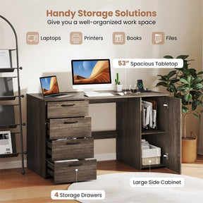 53" Computer Desk with 4 Storage Drawers & Cabinet, Home Office Desk w/ Charging Station, Adjustable Shelf & Cable Management for Study, Makeup