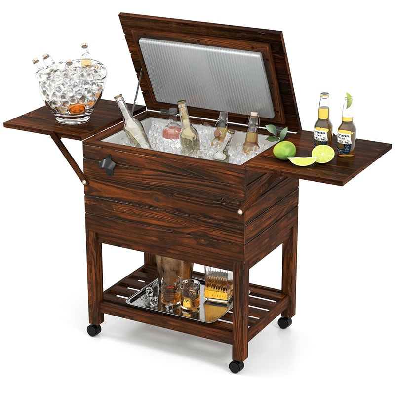 54 Quart Wooden Rolling Cooler Cart, Patio Ice Chest with 2 Drop Leaf Tables, Bottle Opener & Bottom Shelf, Insulated Pine Wood Beverage Bar for Party