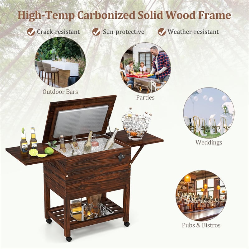 54 Quart Wooden Rolling Cooler Cart, Patio Ice Chest with 2 Drop Leaf Tables, Bottle Opener & Bottom Shelf, Insulated Pine Wood Beverage Bar for Party
